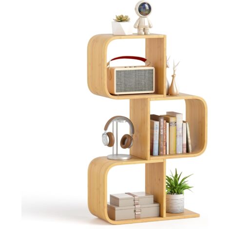 COSTWAY Bibliothèque en Forme de 'S' à 3 Niveaux, Etagère en Bambou avec 3 Cubes Ouverts, Etagère d'angle Géométrique, Etagère de Rangement au Sol, pour Salon, Bureau, Chambre, Naturel (1/5)