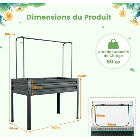 COSTWAY Jardinière Surélevée 3-en-1 Potager Avec Serre Et Treillis - Bac Métallique 115x60x150 Cm