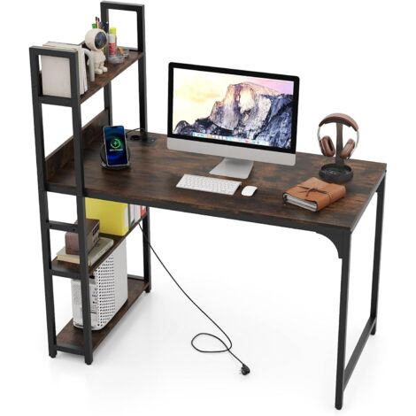COSTWAY Bureau d'Ordinateur avec Multiprise, Table d'Étude de 120 cm avec Bibliothèque, Port USB A, Port Type-C, Cadre Métallique, Poste de Travail pour Bureau à Domicile (1/3)