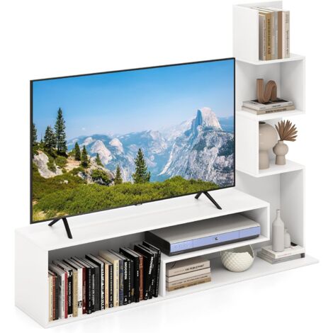 COSTWAY Meuble TV Cubique, Bibliothèque en L pour Télé 50", 7 Étagères Ouvertes, Étagère Colonne pour Petite Espace, Salon, Chambre, Kits Anti-basculement Inclus (Blanc) (1/5)