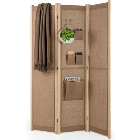 Costway – Paravent intérieur 3 panneaux 121 x 170 cm – Séparateur de pièces pliable en lin synthétique – 4 poches de rangement – 2 crochets antidérapants