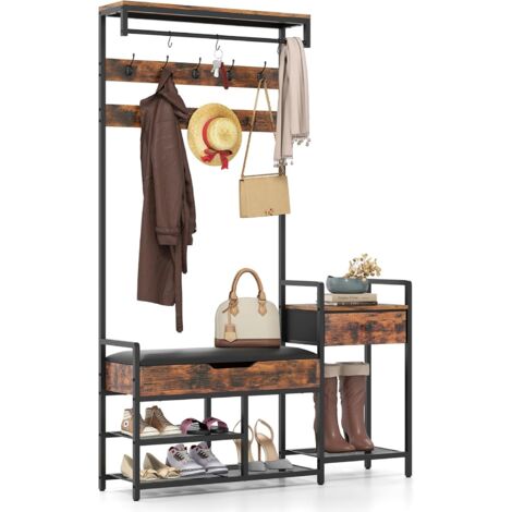 Costway – Meuble à chaussures avec porte-manteau 5 en 1 – 9 crochets fixes – Banc rembourré – Rangement sous siège – Marron rustique – Dimensions 120x30x178 cm (1/3)