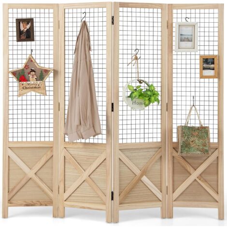 Costway – Paravent intérieur pliable 4 panneaux 151 x 144 cm – Bois de paulownia – Séparateur de pièces décoratif – Pieds antidérapants pour stabilité