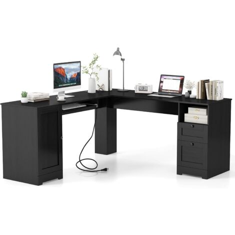 Costway – Bureau d'angle en L 168 cm – Ports de charge USB et Type-C – 2 prises AC – 2 tiroirs – Étagère réglable – Noir (1/5)