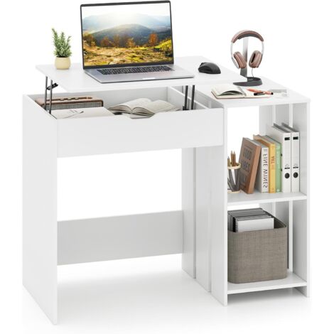 Costway – Bureau relevable blanc 100x49x75 cm – Bois aggloméré – Compartiment caché et 2 étagères ouvertes – Pour travail assis/debout (1/5)