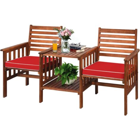 COSTWAY Salon de Jardin en Bois d’Acacia avec Table Basse 2 Chaises Charge 160KG, Ensemble de Meubles avec Coussin Trou de Parasol de 5CM, pour Jardin Cour Bord de Piscine (Rouge) (1/5)