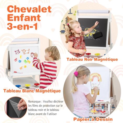 COSTWAY Chevalet 3 En 1 Pour Enfant : Tableau Noir Magnétique, Tableau Blanc, Rouleau De Papier 5 M, Rangement Tissu + Pots Peinture – Idéal Pour Dessiner Et Apprendre Dès 3 Ans (Gris)