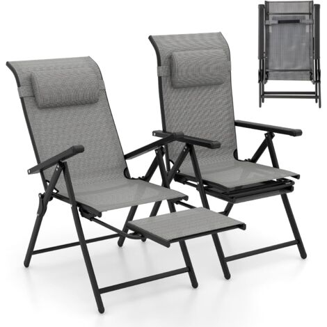 COSTWAY Lot de 2 Chaises de Jardin Exterieur, Chaises Pliantes Réglables sur 10 Niveaux, Repose-Pied Rétractable, Appui-tête, Fauteuil Pliante pour Jardin Camping Piscine, Charge 150 kg (1/5)