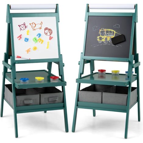 COSTWAY 3 en 1 Chevalet d'Art Enfant avec Tableau Noir & Blanc Magnétique, Tableau Enfant Double Face avec Rouleau de Papier & 2 Bacs en Tissu, 3 Pots de Peinture pour Garçon Fille de 3-6 Ans (Vert) (1/5)