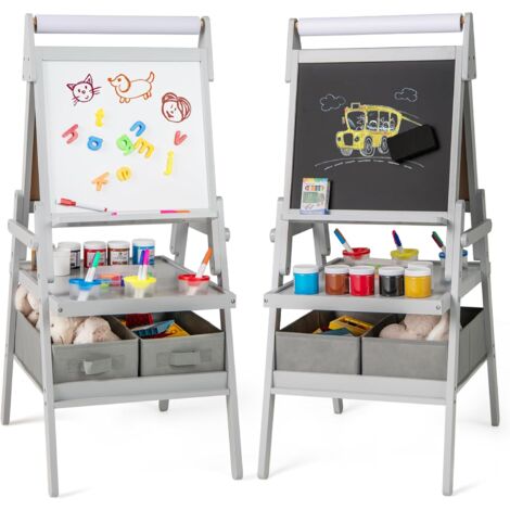 COSTWAY 3 en 1 Chevalet d'Art Enfant avec Tableau Noir & Blanc Magnétique, Tableau Enfant Double Face avec Rouleau de Papier & 2 Bacs en Tissu, 3 Pots de Peinture pour Garçon Fille de 3-6 Ans (Gris) (1/5)