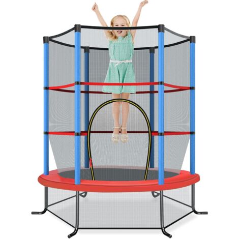 COSTWAY Trampoline Extérieur Enfants Ø165 CM avec Filet de Sécurité, Trampoline Enfants avec Cadre en Acier & 6 Poteaux Recouvert de Mousse, Charge Max 135kg pour Garçon et Fille (Bleu) (1/5)