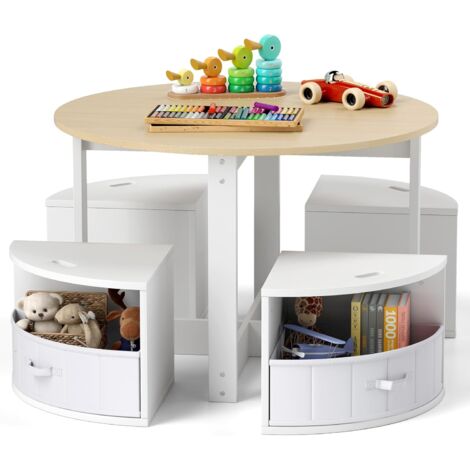 COSTWAY Table Enfant avec 4 Chaises Empilables, Table de Dessin en Bois avec 4 Tiroirs en Tissu Pliable, Table d’Activité Ronde pour Salle de Jeux Chambre d'enfant, Charge 50/90 pour 3 Ans+ (Naturel)