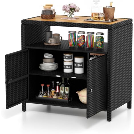 Costway – Armoire de jardin en rotin PE avec plateau en bois d'acacia – Compartiment ouvert et 2 portes – Structure métallique anti-basculement – 90 x 53 x 86 cm