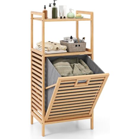 Costway – Meuble de salle de bain en bambou avec panier à linge inclinable – 2 étagères de rangement – Doublure amovible – Dimensions 43,5 x 33 x 96 cm