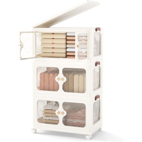 COSTWAY Boîte Rangement Plastique 159 L, 3 Caisses Pliables avec Couvercles, 4 Roulettes, Boite de Rangement Empilable pour Vêtement, Livres, Jouets, Poignée, Porte Magnétique, Montage Facile (159 L)