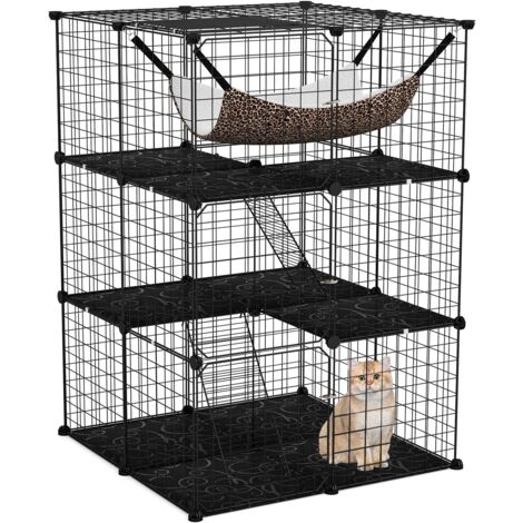 Costway – Cage pour chat 3 niveaux – Enclos métallique amovible avec hamac, 2 échelles, 3 portes, 1 fenêtre – Dimensions 74 x 74 x 107 cm