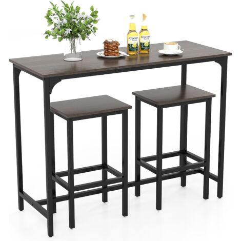 COSTWAY Table Bar avec Tabouret, Table de Cuisine 2 Personnes pour Petit Espace, Repose-Pied, Mange Debout avec Tabouret, Bar Cuisine Étroit 120 x 48 cm, Industriel (Gris chêne)