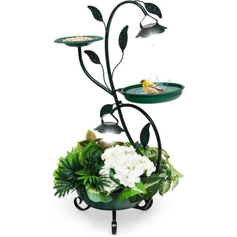 Costway – Bain d'oiseaux solaire 83 cm – Mangeoire sur pied avec support pour fleurs – 2 lumières LED – Métal résistant à la rouille – Bronze