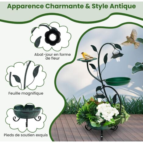 COSTWAY Bain d'oiseaux Énergie Solaire, Décoration d'Extérieur sur Pied Rétro Éclairé avec Piédestal de Jardinière à Fleurs Lumières Solaires, Abreuvoir pour Oiseaux Léger pour Jardin (Bronze