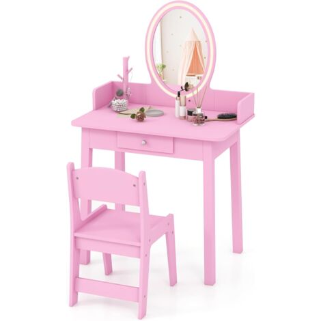 COSTWAY 2 en 1 Coiffeuse Enfants avec Miroir LED & Tabouret, Table de Maquillage avec Tiroir & Organisateur en Forme Arbre, Dispositif Anti-basculement, Charge 50kg pour Enfants de 3-8 Ans (1/5)