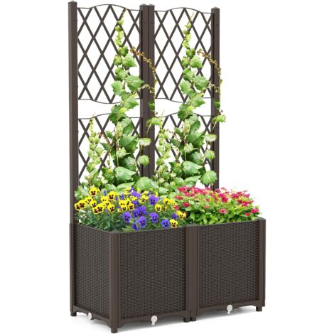 COSTWAY Jardinière avec Treillis sur Pied, Double Bac de Plantation Auto-arrosage en Rotin PP avec Trou de Drainage, Lit de Jardin pour Plantes Grimpantes, Légumes, Fleurs, Café, 80 x 40 x 140 cm (1/4)