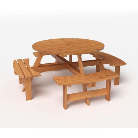Costway – Ensemble table et banc de pique-nique en bois – 8 places – Table ronde 110 cm avec trou de parasol – Bancs intégrés courbés – Bois de sapin résistant