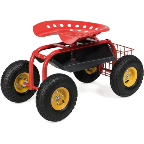 COSTWAY Siège de Jardin Roulant avec Hauteur Réglable, Chariot Jardinage avec Siège Pivotant à 360° Plateau Panier de Rangement Coussin Charge 150KG, pour Pelouse Atelier(Rouge) (1/5)