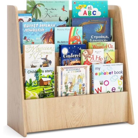 Costway – Bibliothèque enfant en bois 4 niveaux – Structure trapézoïdale – Compartiments ouverts – Patins antidérapants – 57,5 x 26,5 x 59 cm (naturel)