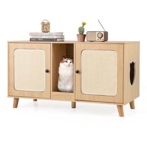 Costway – Meuble bac à litière pour chat 108 x 50 x 60 cm – Double compartiments – 2 griffoirs en sisal – Planche à gratter – Naturel