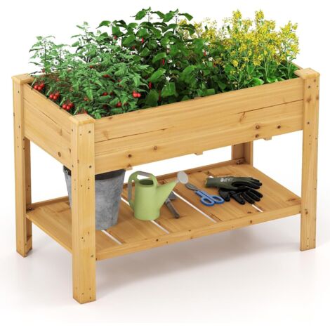 Jardinière Surélevé en Bois avec Trou de Drainage, Lit de Jardin avec Pieds et Étagère, Bac de Culture pour Plantes Fleurs Végétaux (Naturel) (1/5)
