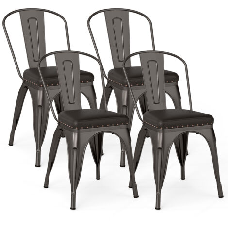 Set de 4 Chaises de Salle à Manger en Métal, Chaises de Cuisine Empilables avec Dossier Amovible et Assise Rembourrée Charge 150 kg, Gris (1/5)
