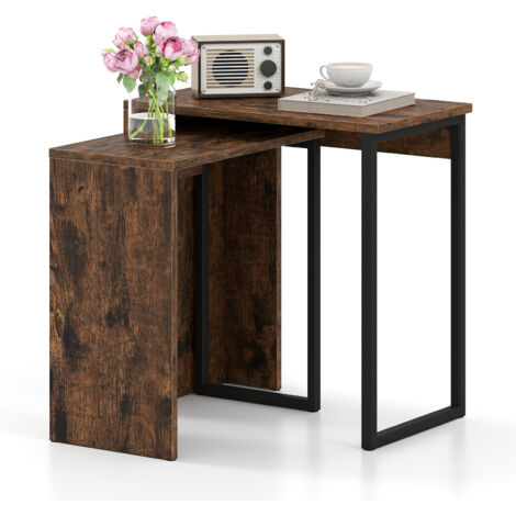 Ensemble de 2 Tables Basses Gigognes , Table d'Appoint Rectangulaire, Cadres Métalliques,pour Salon, Chambre, 51 x 30 x 53 cm, Brun (1/5)
