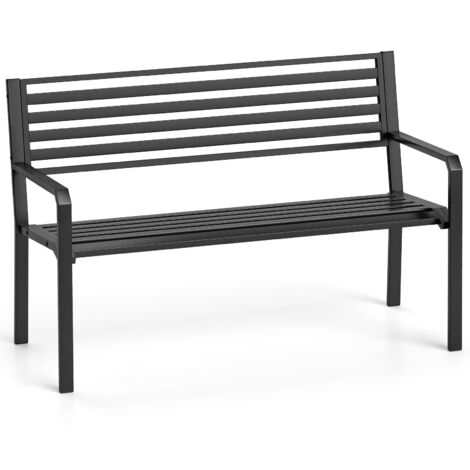 Banc de Parc Métallique 127cm à Lattes pour 2-3 Personnes avec Accoudoirs et Dossier, Siège Moderne pour Cour, Bord de Piscine, Porche, Noir (1/5)