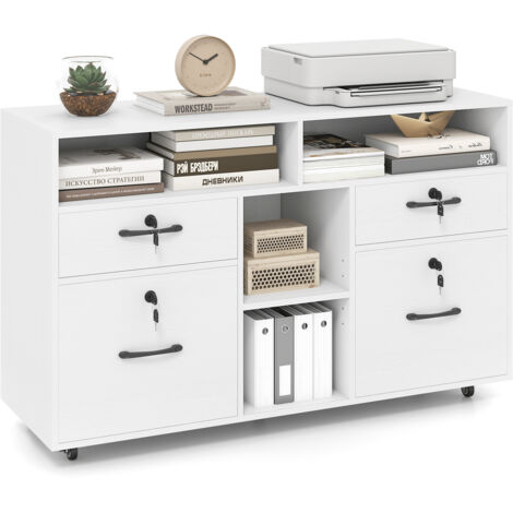 Armoire de Rangement Roulant avec Serrure et 4 Tiroirs pour Fichiers Format A4/Lettre, Organisateur de Classement Mobile, 104x35x65,5cm,Blanc (1/5)