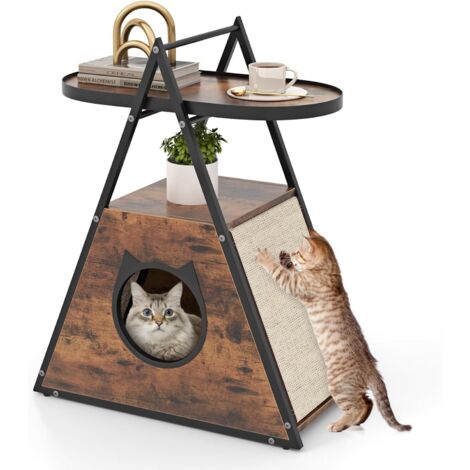 Meuble pour Chat 2 en 1, Maison pour Chat Intérieur, 60 x 33 x 76 cm, Condo, 2 Tapis à Gratter, Niche en Forme A, Étagère Ouverte à 2 Étages (1/5)