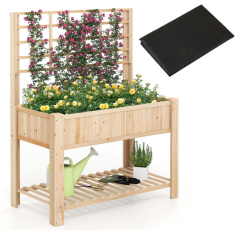 Jardinière Surélevée avec Treillis, Bac à Plantes avec Pieds, Doublure, Étagère et Trous de Drainage pour Plantes Grimpantes, Naturel (1/5)