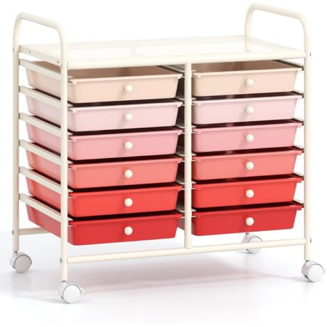 Chariot de Rangement à roulettes 12 Tiroirs en PP, Tour de Rangement avec Tablette, Roues Universelles, Cadre en Métal (Rose Dégradé) (1/5)