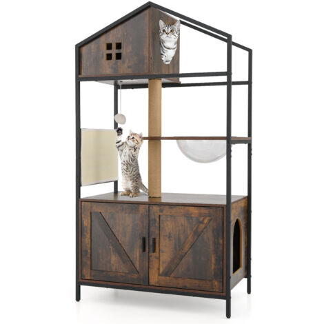 Meuble pour Chat avec Compartiment pour Bac à Litière, Poteaux à Gratter et Tapis, Capsule Transparente, Balle Suspendue, Aérations (1/2)