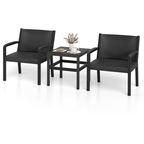 Ensemble de Mobilier de Patio 3 Pièces avec 2 Chaises en Rotin & Table d'Appoint Carrée, Mobilier en Rotin pour Patio, Jardin, Noir (1/5)