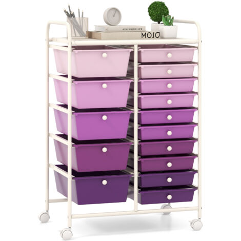 Chariot de Rangement 15 Tiroirs en PP, Tour de Rangement à Roulette, Cadre en Métal, pour École, Bureau, 63x37x87cm, Violet (1/5)