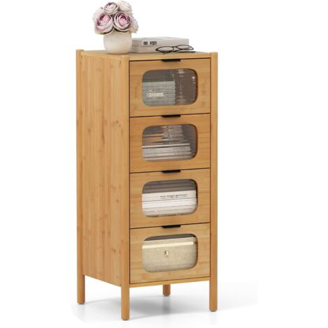 Costway – Colonne de rangement en bambou – 4 tiroirs en verre trempé rayé – Dimensions 40 x 40 x 97 cm – Éco-responsable et résistant à l'humidité