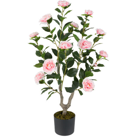 Arbre de Camélia Artificiel de 90 cm, Plante à Fleurs Artificielles dans un Pot de Pépinière, Faux Arbre en Pot, Plante Florale Verte, Rose
