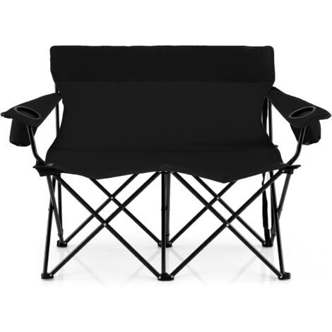 Chaise Pliante Camping à 2 Places, 132 x 66 x 96 cm, Charge 300 kg, Chaise de Jardin Exterieur, 2 Porte-Gobelets, Sac de Transport (Noir) (1/5)