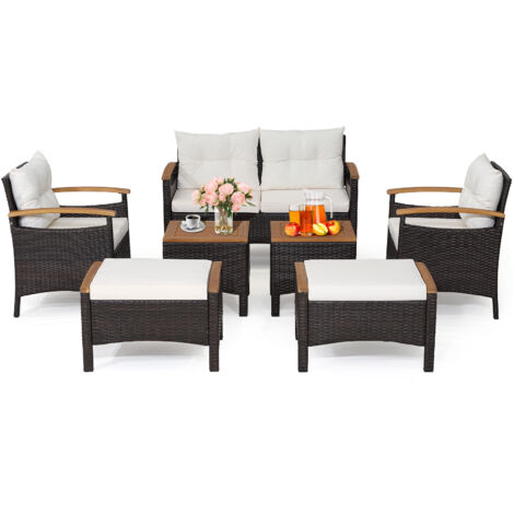 Ensemble de Canapés de Patio en Rotin PE 7 Pièces, avec Coussins d'Assise et de Dossier, 2 Poufs, 2 Tables Basses, pour Jardin, Terrasse (1/5)
