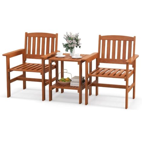 Ensemble de Meubles de Patio 2 Places en Bois, Salon de Jardin avec 2 Chaises Table Basse et Trou pour Balcon Porche Terrasse (Séparé) (1/5)