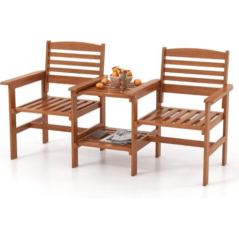 Ensemble de Meubles de Patio 2 Places en Bois, Salon de Jardin avec 2 Chaises Table Basse et Trou pour Parasol (Combinaison) (1/5)