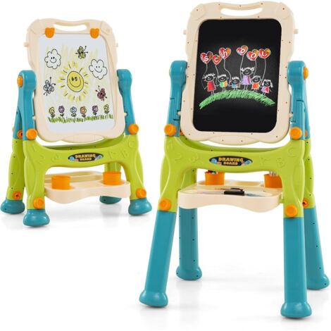 Tableau Enfant Double Face avec 2 Hauteur Réglable, Chevalet Enfant sur Pieds avec Plateau de Rangement & 2 Pots, Tableau Pivotant à 360°