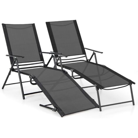 Lot de 2 Chaises Longues Pliantes à 6 Positions, en Cadre Métallique, Dossier Réglable, pour Piscine, Patio, Charge 150 KG (Noir) (1/5)
