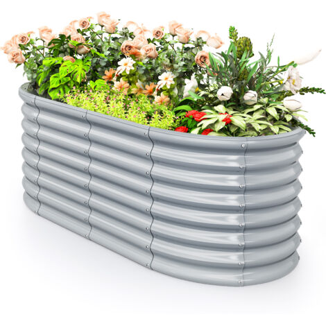 Lit de Jardin Surélevé H60 cm à Fond Ouvert, Jardinière Surélevée Ovale en Métal avec Bords Arrondis Sécurisés, 165 x 80 x 60 cm, Gris (1/5)