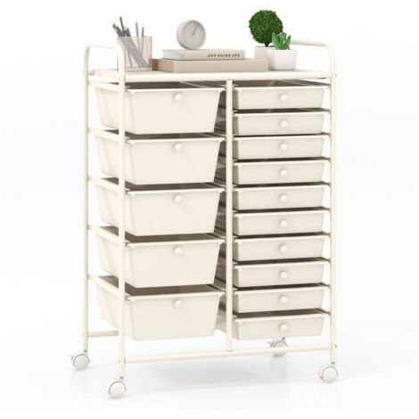 Chariot de Rangement 15 Tiroirs en PP, Tour de Rangement à Roulette, Cadre en Métal, pour École, Bureau, 63x37x87cm,Blanc (1/5)